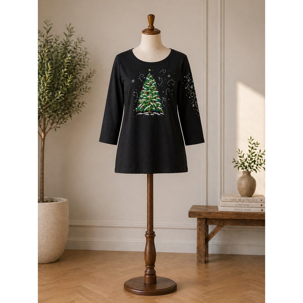 Quacker Factory Womens 2X Black Christmas Tree‎ Embroidered Rhinestone Top LS